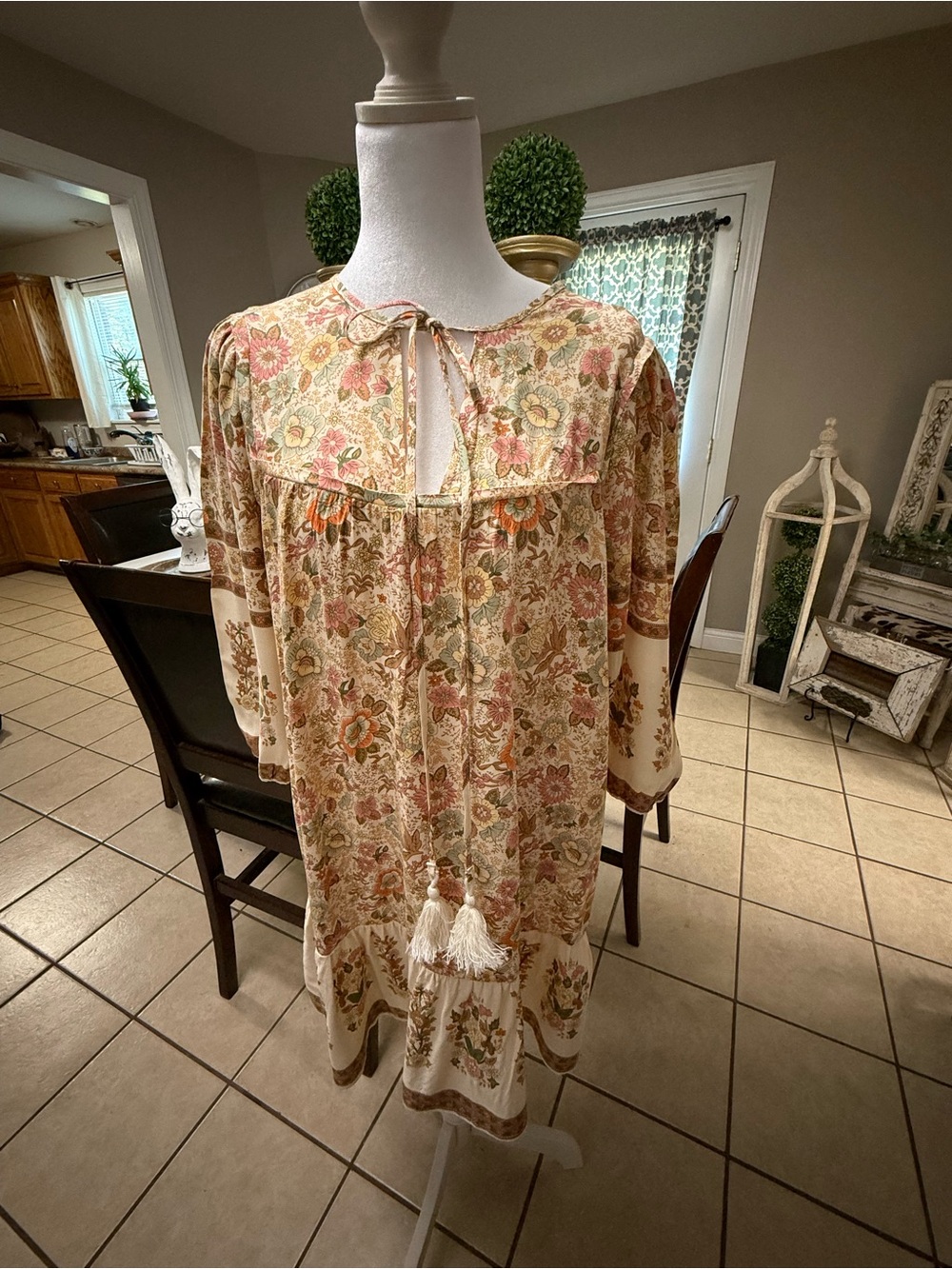 Women's Floral Boho Sleep Tunic - Cream with Pink & Green Floral - Picture 5 of 10